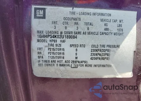 2002 Buick Lesabre Custom z USA, uszkodzony, nr VIN 1G4HP54K02U189084